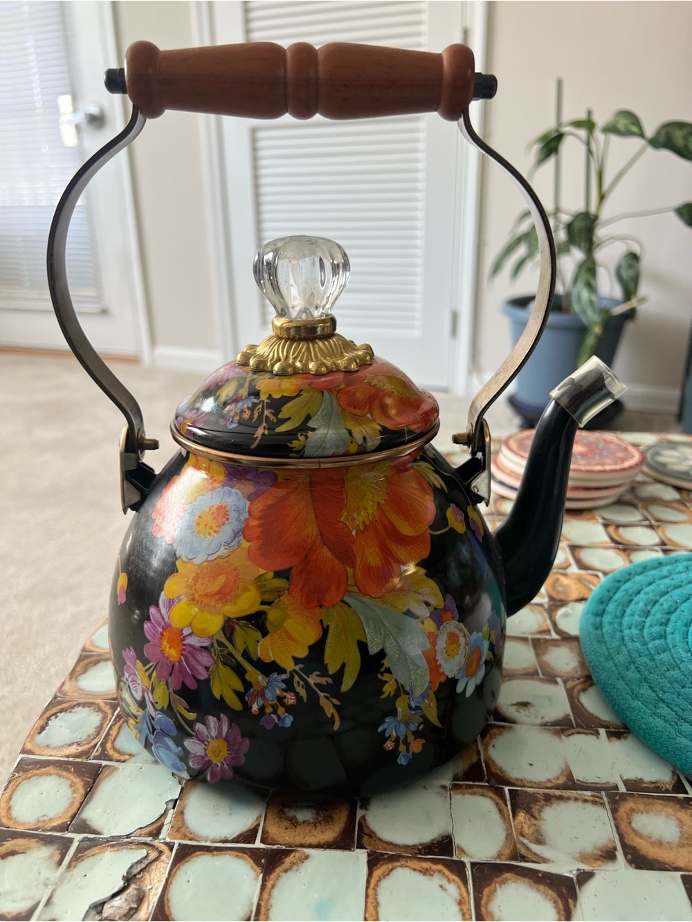MacKenzie Childs Floral Enamel Tea Kettle with Wood Handle